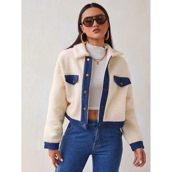 Shein Jacket Faux Shearling Button Front Beige Blue Contrast - Picture 1 of 11